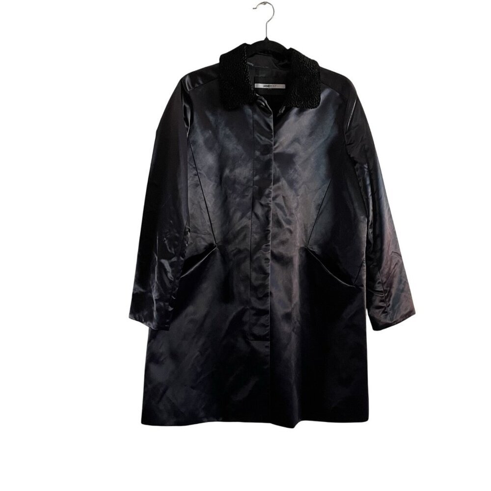 Jane Post Women S Navy Blue Satin Sherpa Collar Pockets Longline Jacket NWT